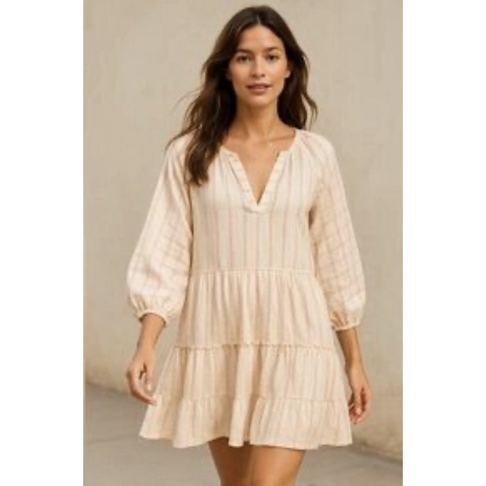 LemLem Women's Aweke Cream and Pink Striped Tiered Mini Dress Size Large $340